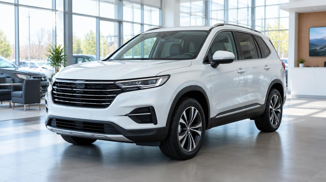 White SUV displayed inside a bright dealership showroom