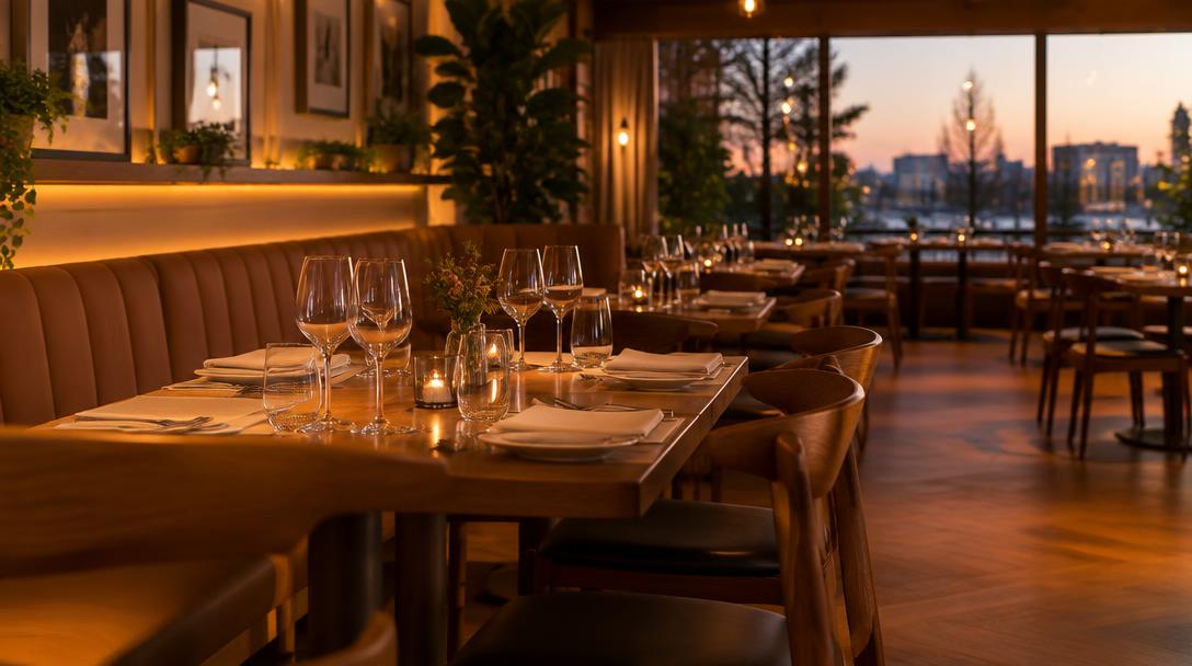 Set dining tables in a warm modern restaurant interior
